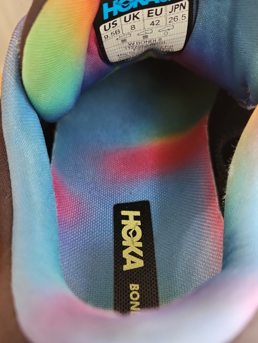 Hoka One One Bondi 8 Size 9.5 Max Cushion Running Shoes Black Rainbow Trim - Picture 9 of 17